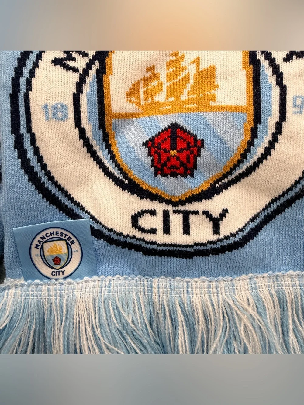 Official Manchester City FC Bar Scarf Sky Blue White Fringed Soccer Football